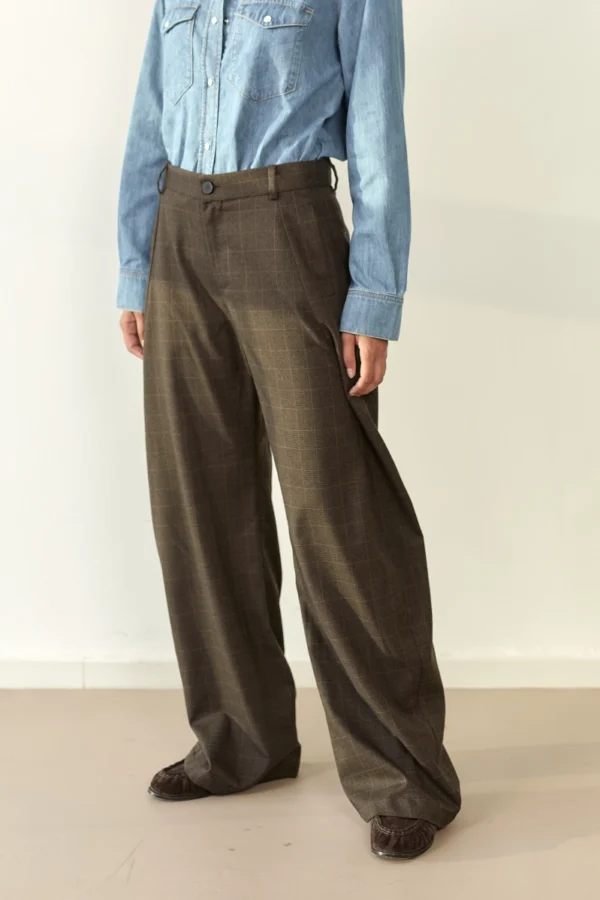 NORA WIDE LEG PANTS - משובץ, L