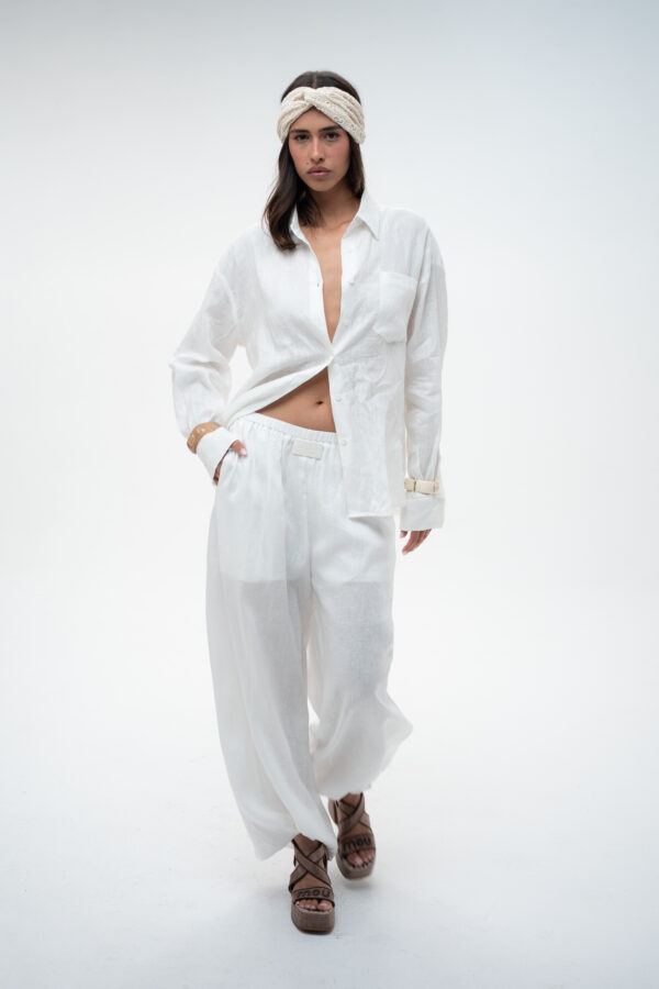 מכנסיים פשתן ליינן -White Linen Wide-Leg Pants