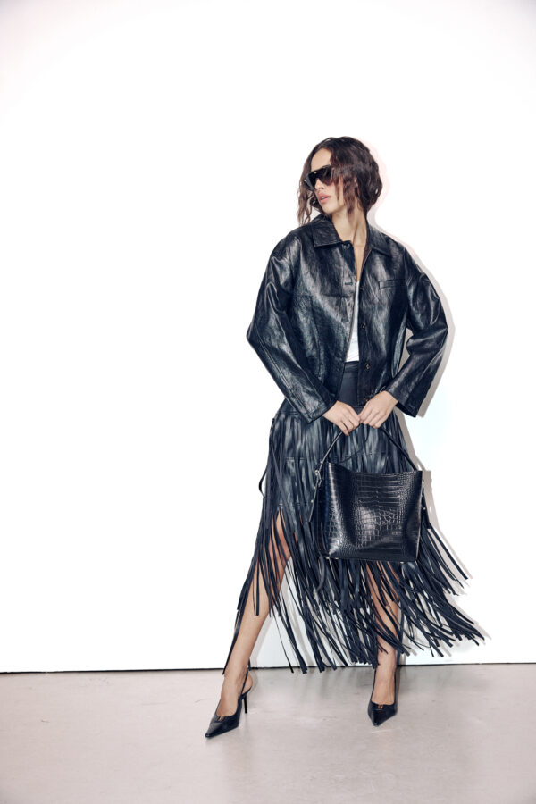 חצאית מקסי סטייטמנט פרנזים - Noir Leather Fringe Maxi Skirt